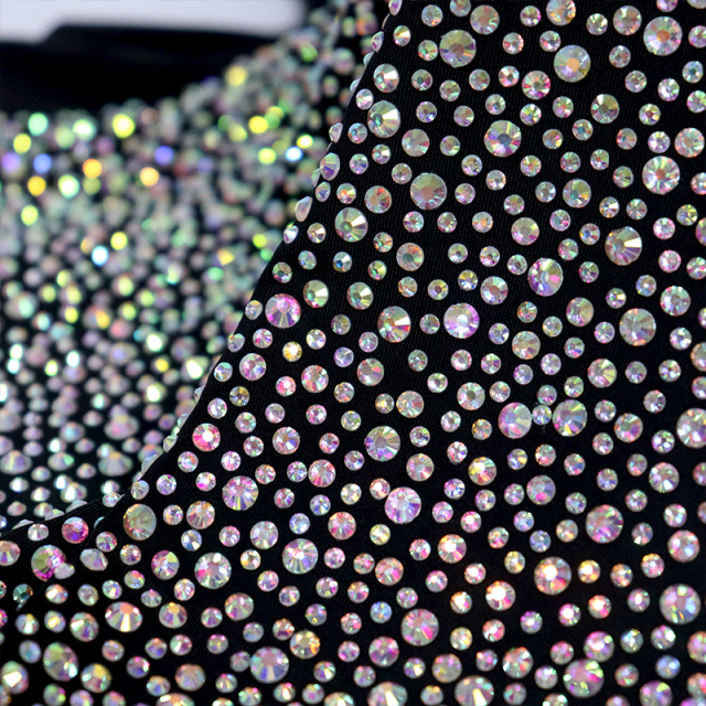 Randomly Mix 3 Different Sizes White AB Rhinestone Matte Nylon Spandex Fabric Wholesale