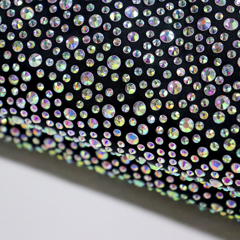 Randomly Mix 3 Different Sizes White AB Rhinestone Matte Nylon Spandex Fabric Wholesale