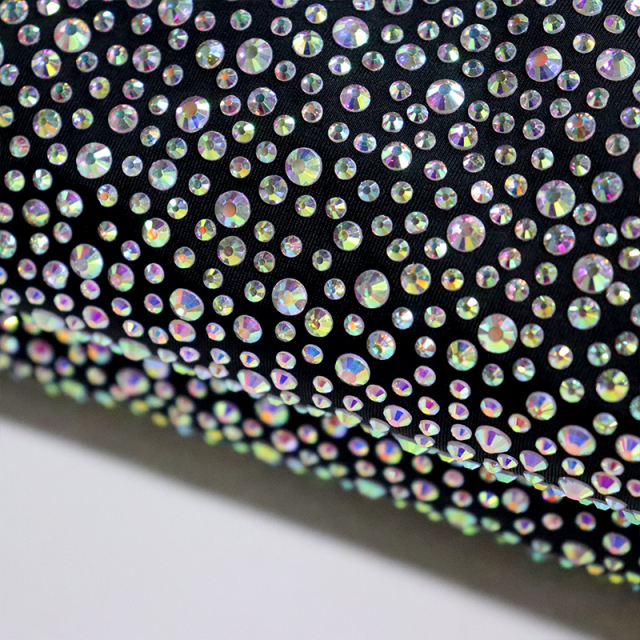 Randomly Mix 3 Different Sizes White AB Rhinestone Matte Nylon Spandex Fabric Wholesale
