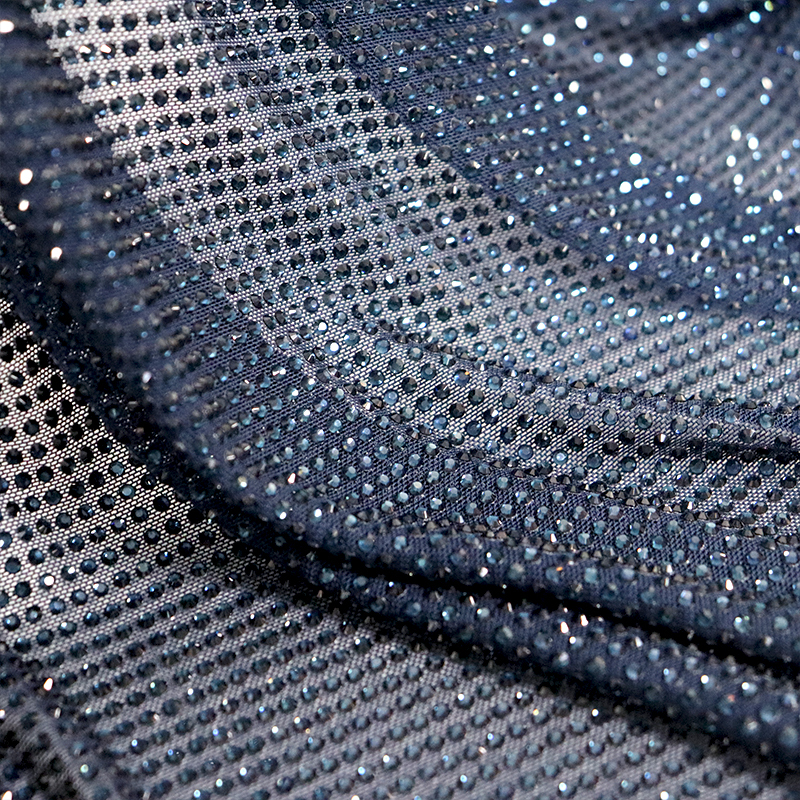 SS10 Blue Black Rhinestone Tulle Mesh Fabric Factory