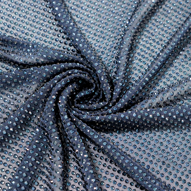 SS10 Blue Black Rhinestone Tulle Mesh Fabric Factory