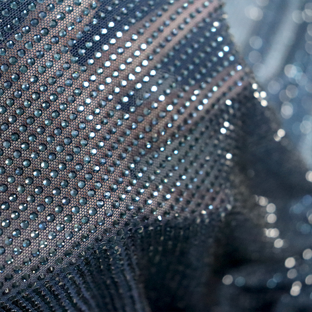 SS10 Blue Black Rhinestone Tulle Mesh Fabric Factory