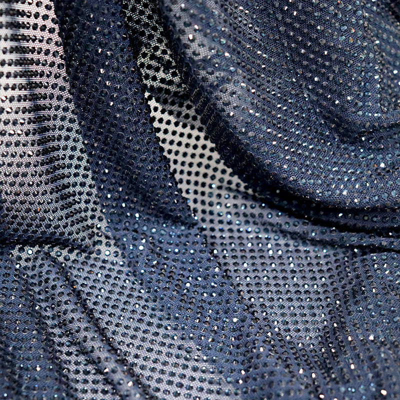 SS10 Blue Black Rhinestone Tulle Mesh Fabric Factory