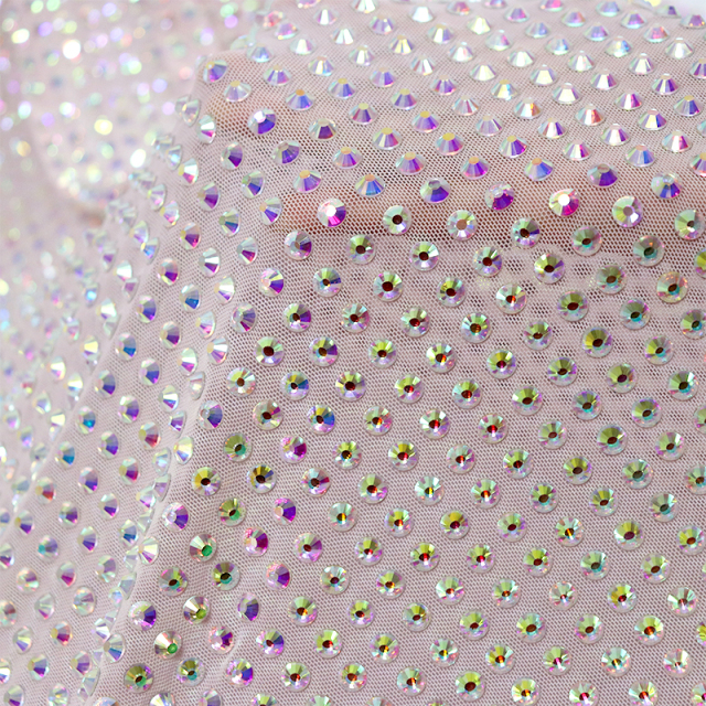 SS34 White AB Rhinestone Tulle Mesh Fabric Exporter