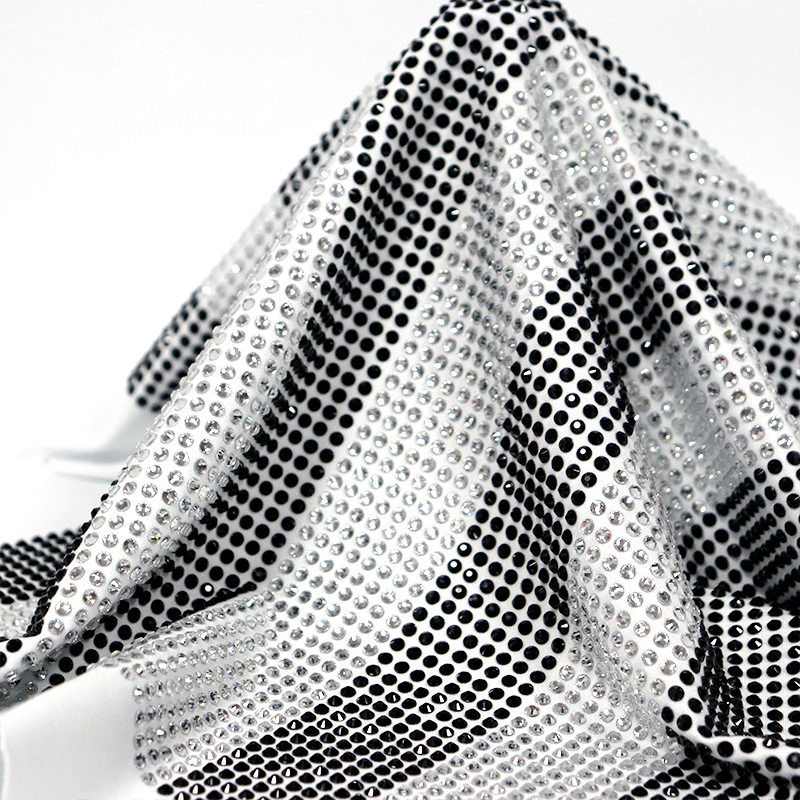 SS16 Stripe Pattern Black & White Rhinestone Fabric Custom