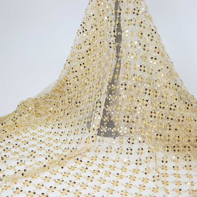 Pearl Beaded Sequin Tulle Mesh Fabric Custom