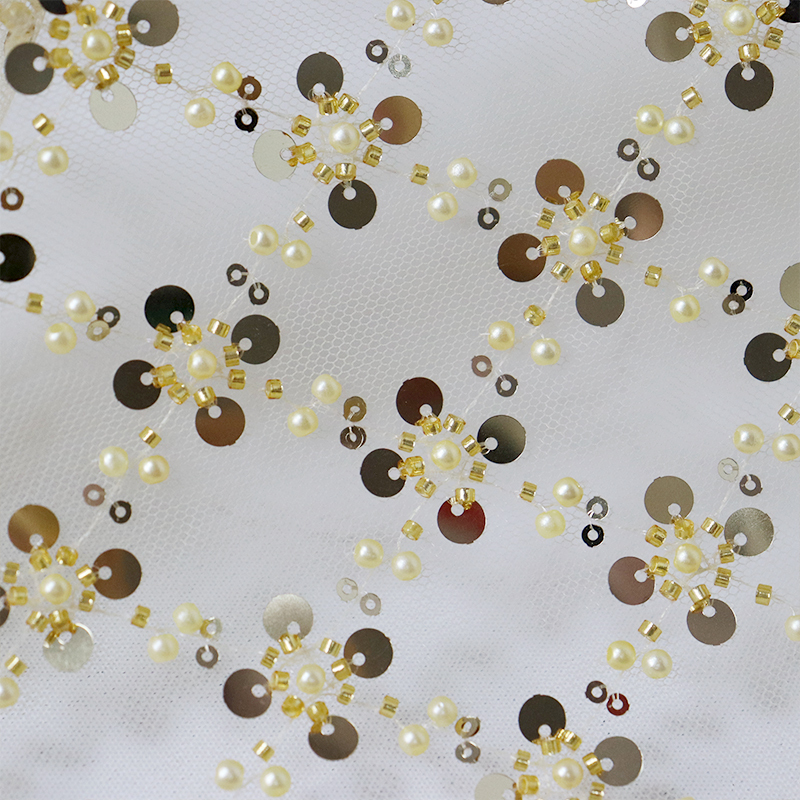 Pearl Beaded Sequin Tulle Mesh Fabric Custom