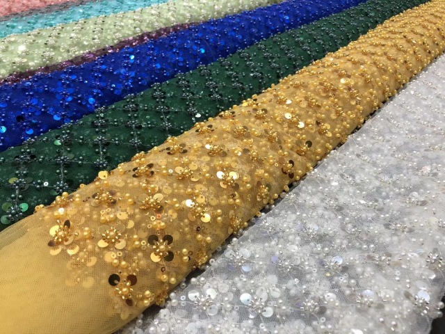 Pearl Beaded Sequin Tulle Mesh Fabric Custom
