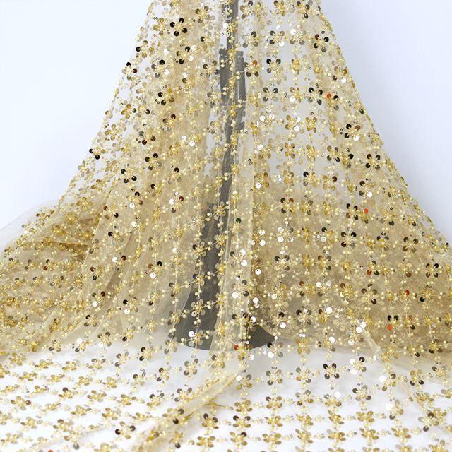 Pearl Beaded Sequin Tulle Mesh Fabric Custom