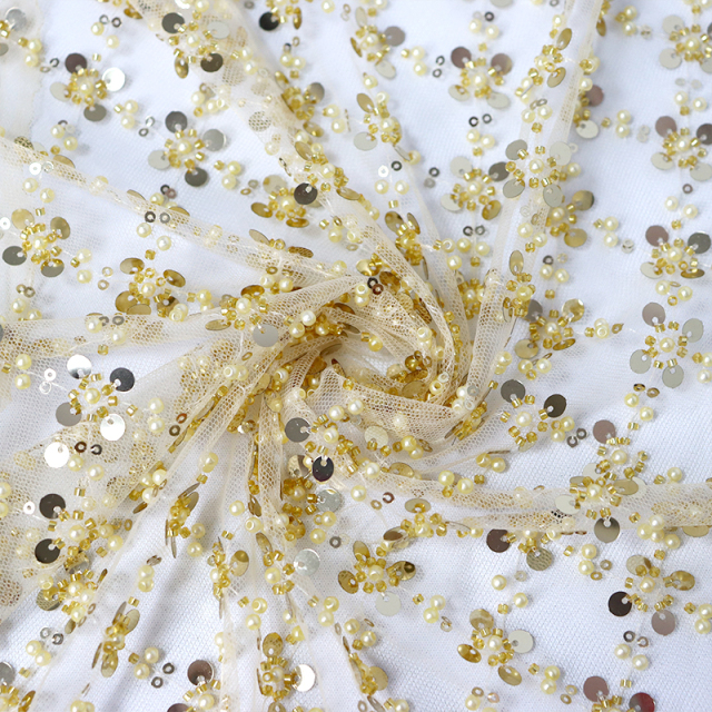 Pearl Beaded Sequin Tulle Mesh Fabric Custom