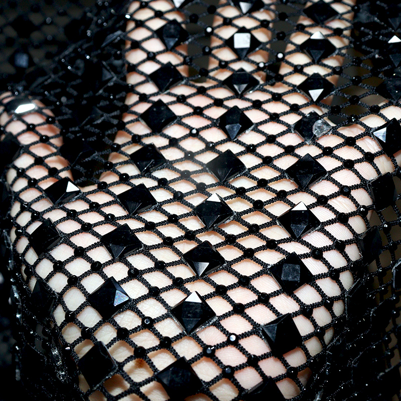 Black Square Glass & Rhinestone Mesh Fabric Exporter