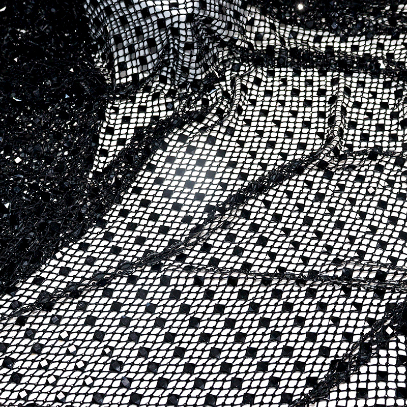 Black Square Glass & Rhinestone Mesh Fabric Exporter