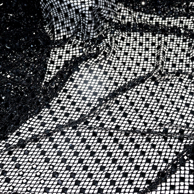Black Square Glass & Rhinestone Mesh Fabric Exporter