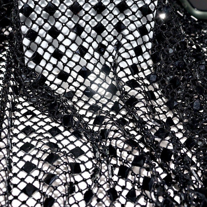 Black Square Glass & Rhinestone Mesh Fabric Exporter