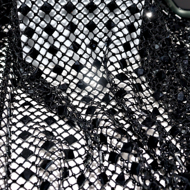 Black Square Glass & Rhinestone Mesh Fabric Exporter