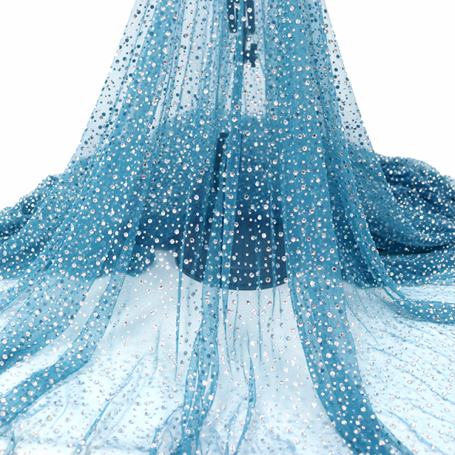 SS10+SS20 Sky Blue Crystal Tulle Mesh Fabric Wholesale