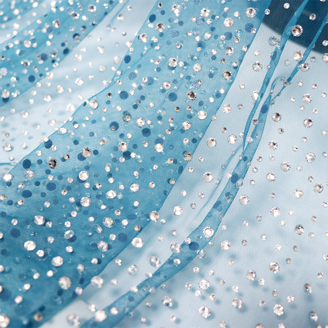 SS10+SS20 Sky Blue Crystal Tulle Mesh Fabric Wholesale