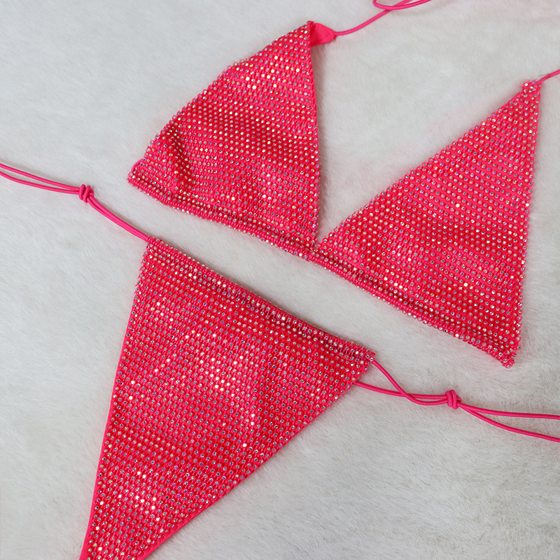 Sparkling Plastic Mesh Pink Rhinestone Bikini Set Exporter