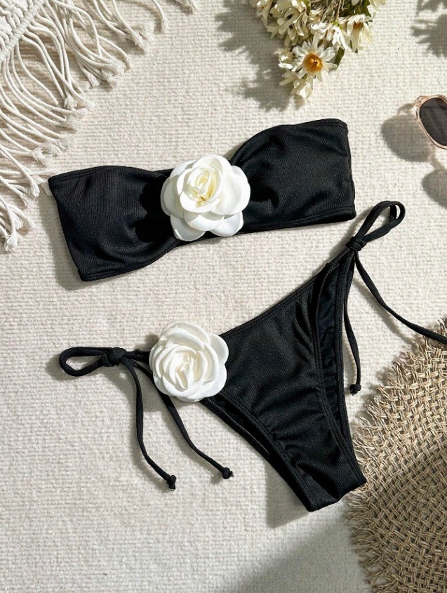 3D Floral Black & White Strapless Bikini Swimwear Supplier