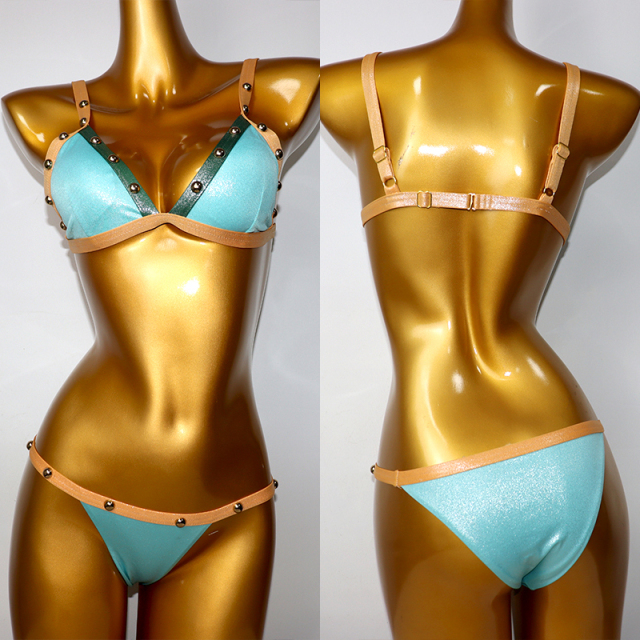 Blue Studded Metallic Bandeau Bikini Set Supplier