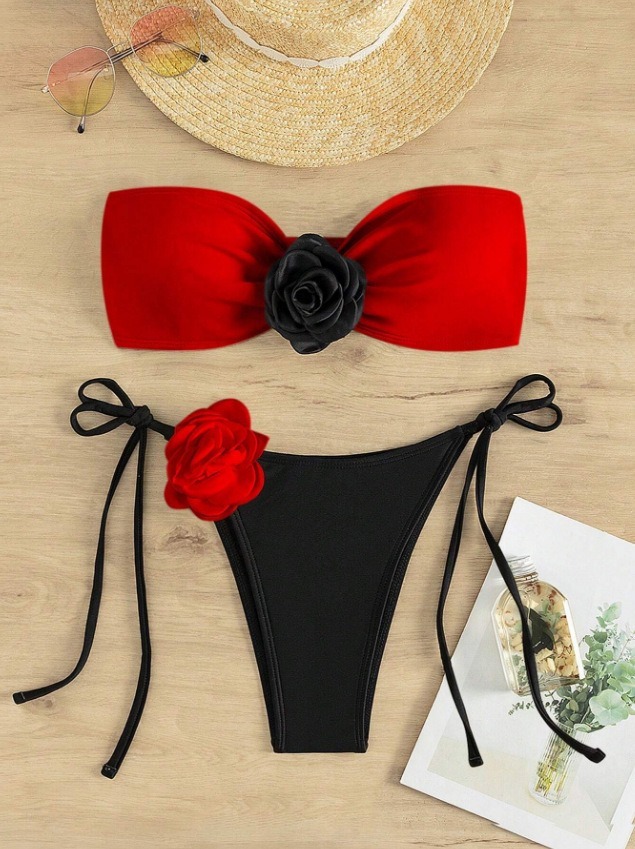 3D Floral Applique Red & Black Two Pieces Bikini Manufacturer