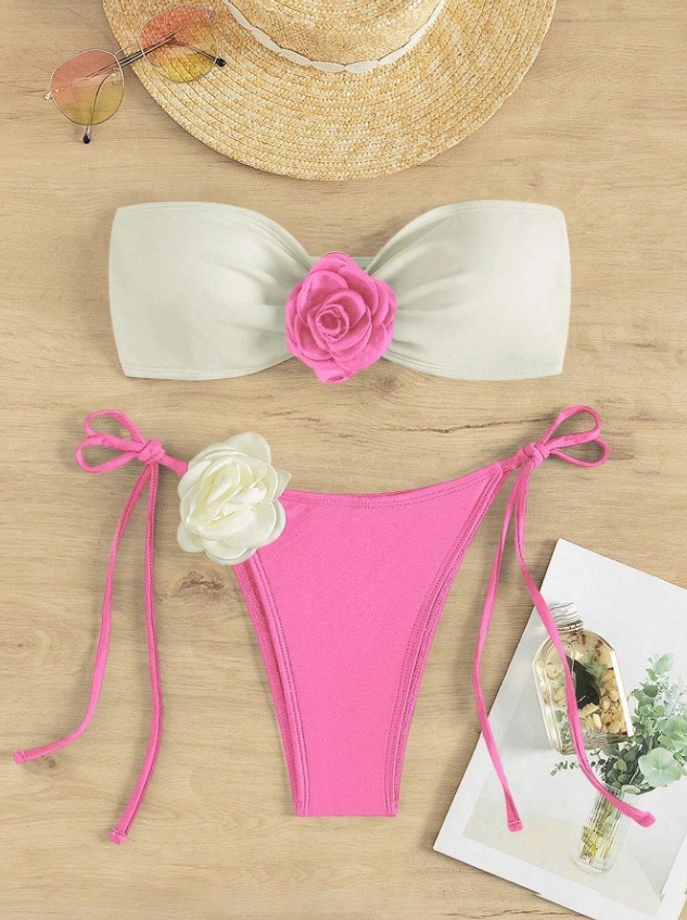 3D Flower White & Pink Strapless Bikini Set Wholesale