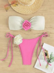 3D Flower White & Pink Strapless Bikini Set Wholesale