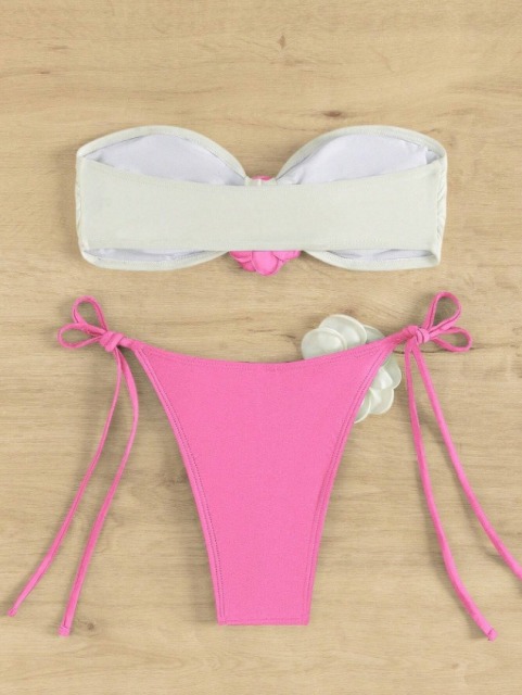 3D Flower White & Pink Strapless Bikini Set Wholesale