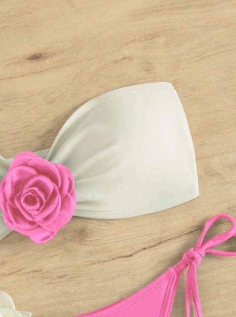 3D Flower White & Pink Strapless Bikini Set Wholesale