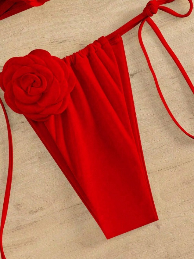 3D Flower Patch Red Bandeau Bikini Set Supplier