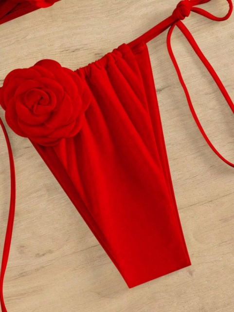 3D Flower Patch Red Bandeau Bikini Set Supplier