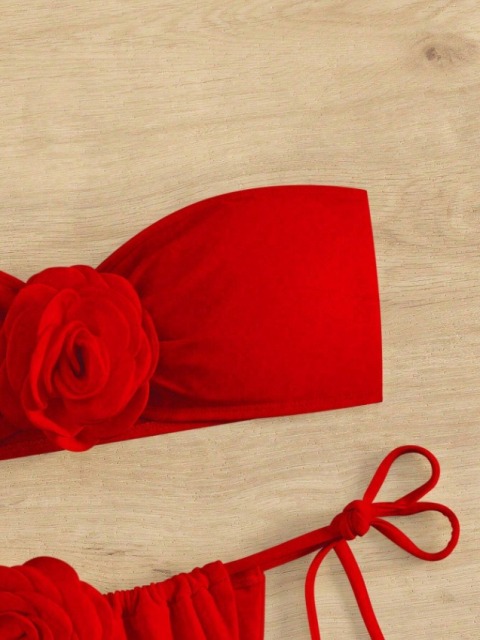 3D Flower Patch Red Bandeau Bikini Set Supplier