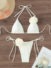 3D Floral White Triangle Bikini Set Custom