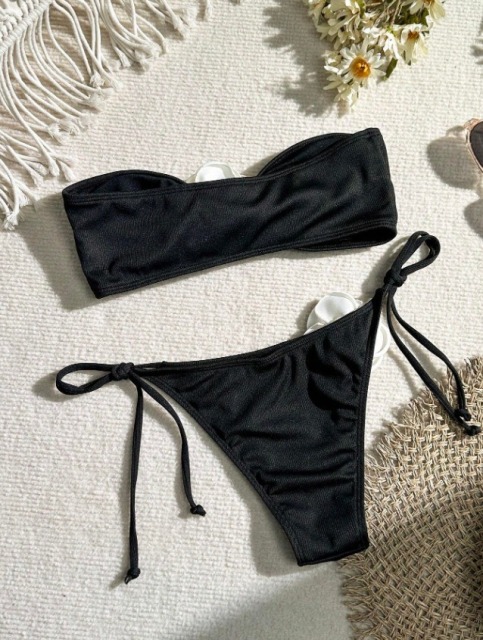 3D Floral Black & White Strapless Bikini Swimwear Supplier