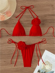 3D Flower Red Two Pieces Bikini Swimwear Factory