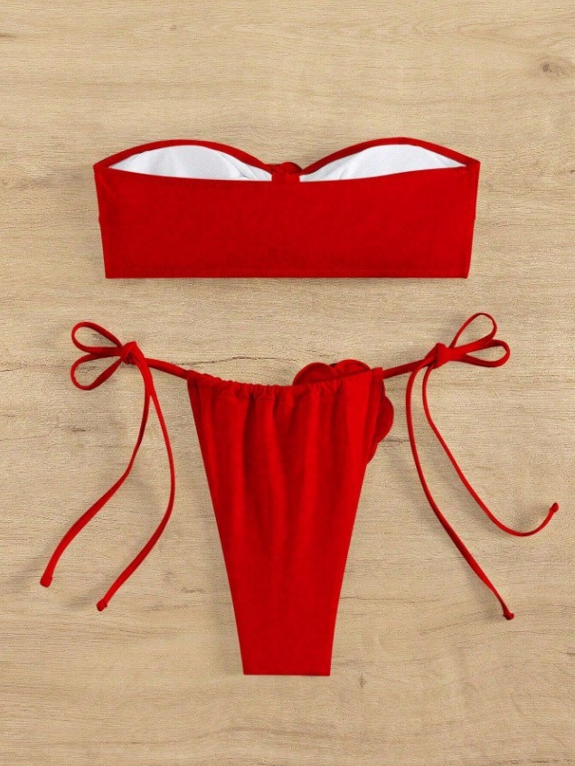 3D Flower Patch Red Bandeau Bikini Set Supplier