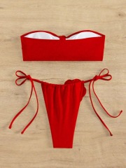 3D Flower Patch Red Bandeau Bikini Set Supplier