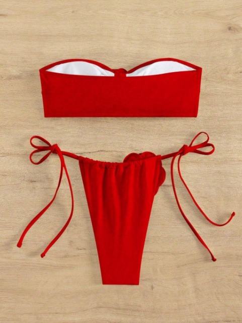 3D Flower Patch Red Bandeau Bikini Set Supplier