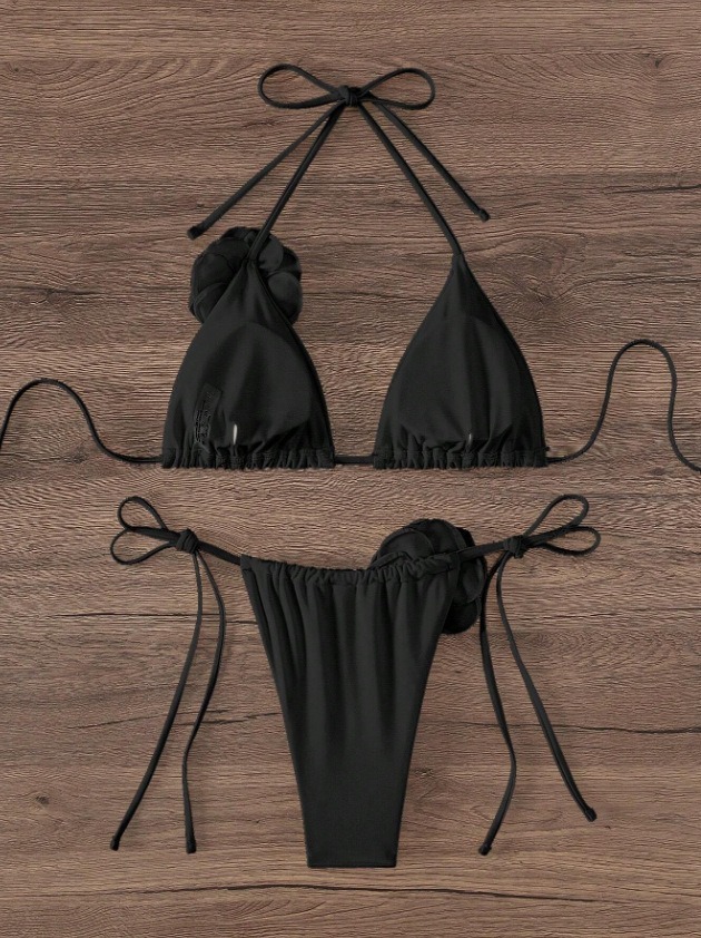 3D Flower Black Triangle Bathing Suit Wholesale