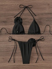 3D Flower Black Triangle Bathing Suit Wholesale
