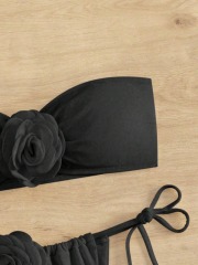 3D Floral Patch Black Strapless Bathing Suit Custom