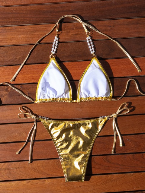 Shiny Pearl Chain Gold Metallic Padded Triangle Bikini Exporter