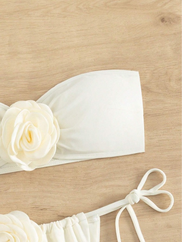 3D Floral White Bandeau Bathing Suit Factory