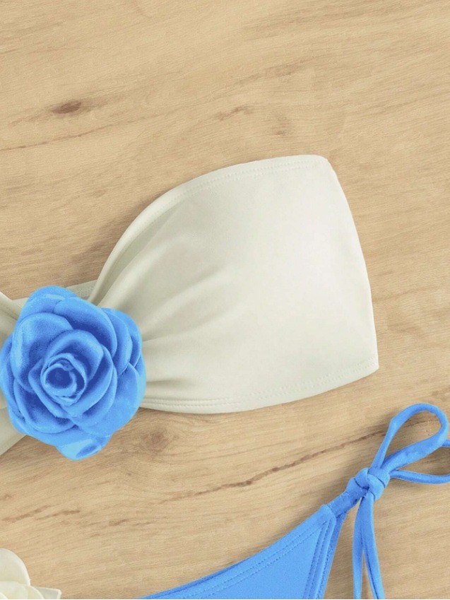 3D Flower Applique White & Blue Two Pieces Bikini Exporter