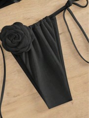 3D Floral Patch Black Strapless Bathing Suit Custom
