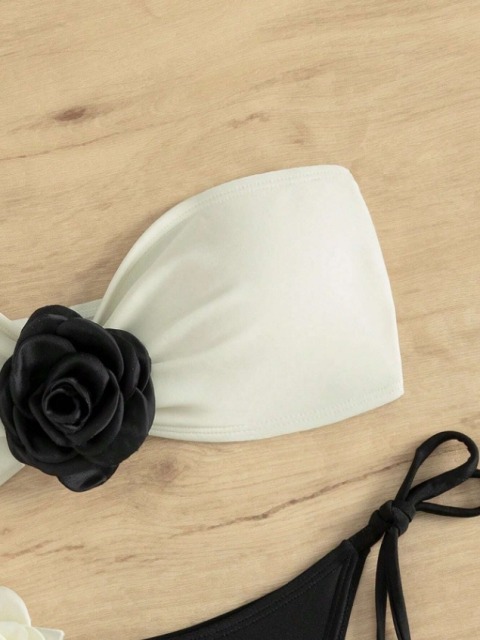 3D Flower White & Black Strapless Bikini Swimwear Factory