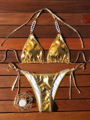 Shiny Pearl Chain Gold Metallic Padded Triangle Bikini Exporter