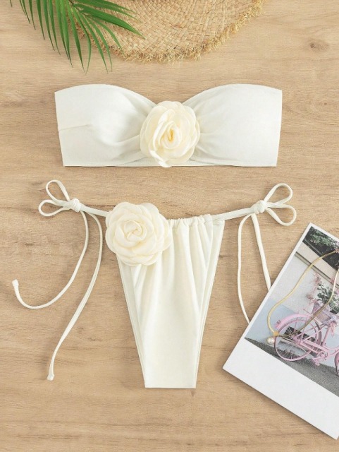 3D Floral White Bandeau Bathing Suit Factory