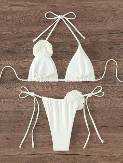 3D Floral White Triangle Bikini Set Custom