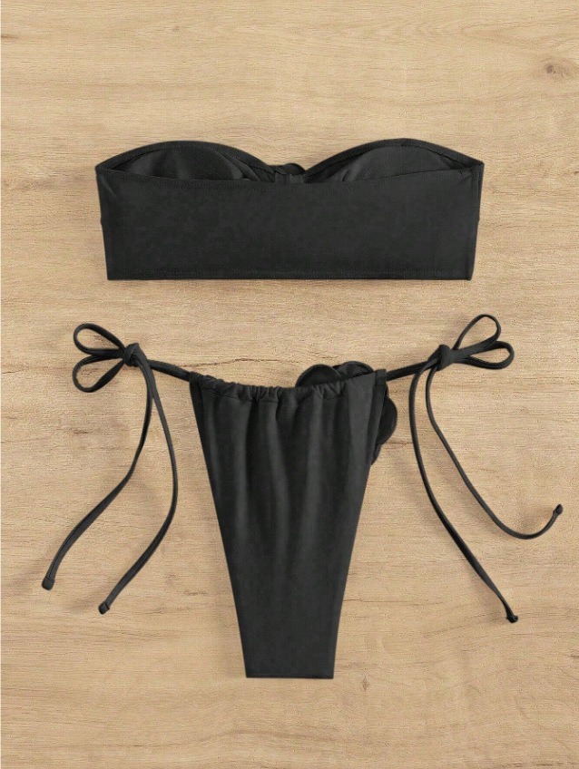 3D Floral Patch Black Strapless Bathing Suit Custom
